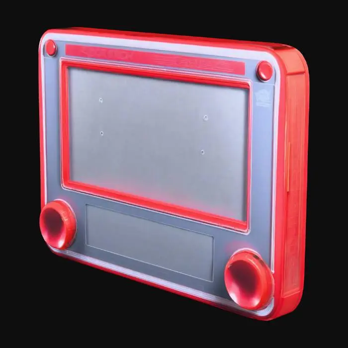 3D model for Etch-A-Sketch with a red plastic frame, dual rotating knobs, and screen overlay