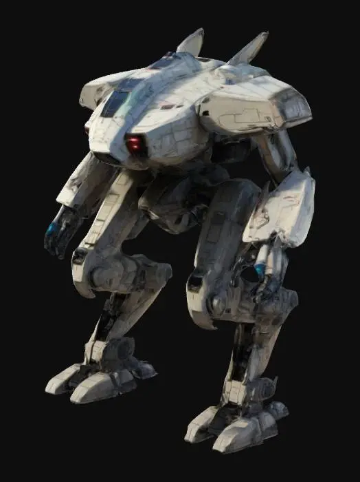 3D model for A giant battlemech with laser weapons on either arm, digitigrade legs, fighter plane -like cockpit