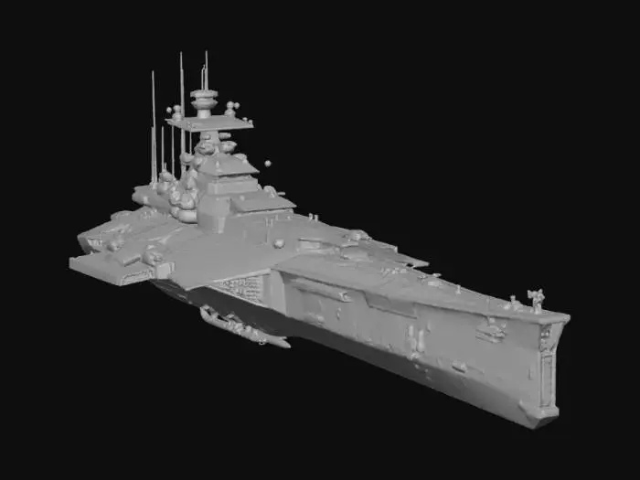 3D model for Terran destroyer class warship. The ship is built around two massive spinal railgun cannons running the length of the hull. Heavy armor plating protecting the engines. Boxy, functional design resembling a flying tank. Gunmetal grey with yellow caution stripes. Halo UNSC style inspiration.