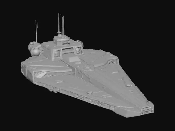 3D model for Terran destroyer class warship. The ship is built around two massive spinal railgun cannons running the length of the hull. Heavy armor plating protecting the engines. Boxy, functional design resembling a flying tank. Gunmetal grey with yellow caution stripes. Halo UNSC style inspiration.