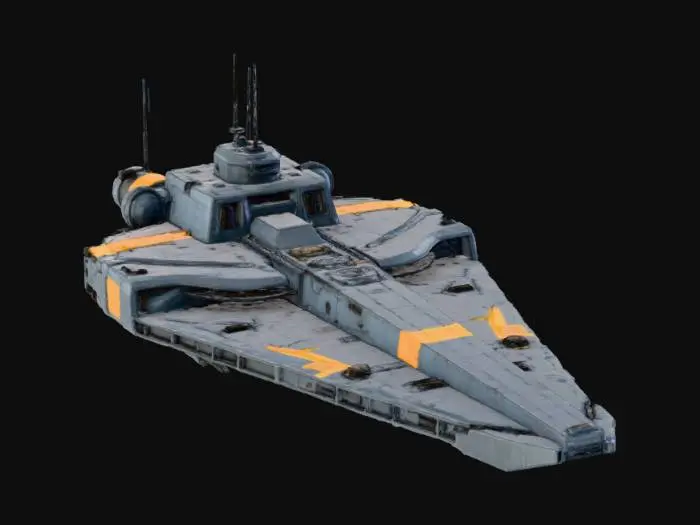 3D model for Terran destroyer class warship. The ship is built around two massive spinal railgun cannons running the length of the hull. Heavy armor plating protecting the engines. Boxy, functional design resembling a flying tank. Gunmetal grey with yellow caution stripes. Halo UNSC style inspiration.