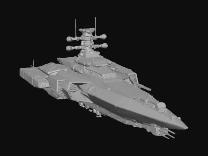 3D model for Terran military corvette spaceship. Sharp, angular hull design with a forward-swept profile. Large sensor arrays and radar dishes mounted on the hull, but thick and reinforced. Light gun turrets. Industrial sci-fi style, grey hull with white identification numbers. Compact and fast looking.