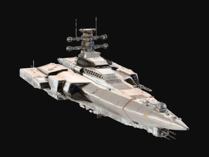 3D model for Terran military corvette spaceship. Sharp, angular hull design with a forward-swept profile. Large sensor arrays and radar dishes mounted on the hull, but thick and reinforced. Light gun turrets. Industrial sci-fi style, grey hull with white identification numbers. Compact and fast looking.