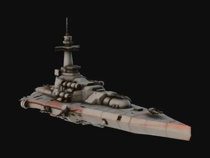 3D model for Sci-fi missile frigate, Terran fleet style. Long rectangular hull with a reinforced prow shaped like a hammerhead. Rows of vertical missile launch silos along the top deck. Exposed mechanical piping and vents on the sides. Dark grey steel texture, rust and grime. Solid utilitarian build.