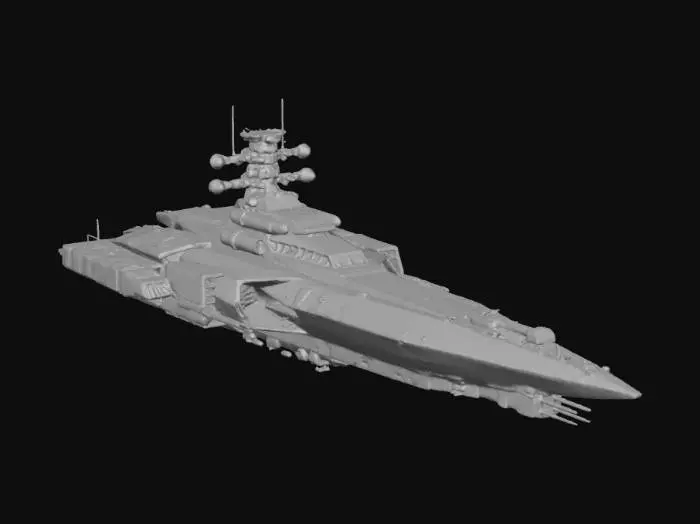 3D model for Terran military corvette spaceship. Sharp, angular hull design with a forward-swept profile. Large sensor arrays and radar dishes mounted on the hull, but thick and reinforced. Light gun turrets. Industrial sci-fi style, grey hull with white identification numbers. Compact and fast looking.