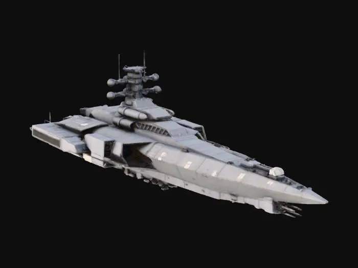 3D model for Terran military corvette spaceship. Sharp, angular hull design with a forward-swept profile. Large sensor arrays and radar dishes mounted on the hull, but thick and reinforced. Light gun turrets. Industrial sci-fi style, grey hull with white identification numbers. Compact and fast looking.