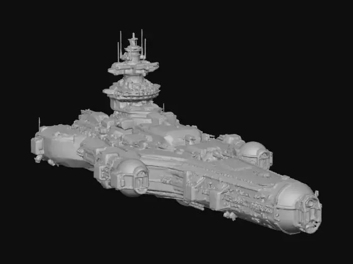 3D model for Heavy sci-fi cruiser, Terran military. Massive, multi-tiered hull superstructure resembling a floating fortress. Multiple large double-barreled artillery turrets on the dorsal surface. Thick armor belts on the flanks. Glowing blue engine thrusters. Imposing, brutalist architecture in space.