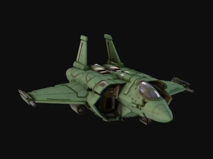 3D model for Heavy space fighter, Terran design, chunky delta-wing shape with thick armored fuselage. Two large blocky jet intakes on the sides. Cockpit is an armored slit. Matte green military camouflage, weathered metal, battle damage. Stylized, thick geometry, game asset.