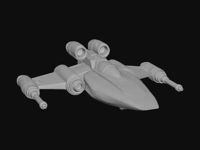 3D model for Bulky sci-fi starfighter, thick delta wing shape with heavy armor plating. Round cockpit bubble on top, two large oversized cannons mounted under the wings. Cartoon style, vibrant blue and white color scheme, toy-like proportions, Ratchet and Clank style.