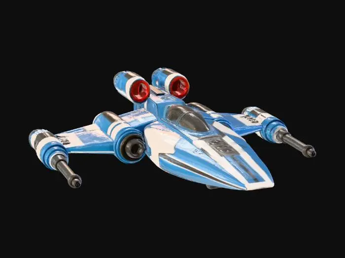 3D model for Bulky sci-fi starfighter, thick delta wing shape with heavy armor plating. Round cockpit bubble on top, two large oversized cannons mounted under the wings. Cartoon style, vibrant blue and white color scheme, toy-like proportions, Ratchet and Clank style.