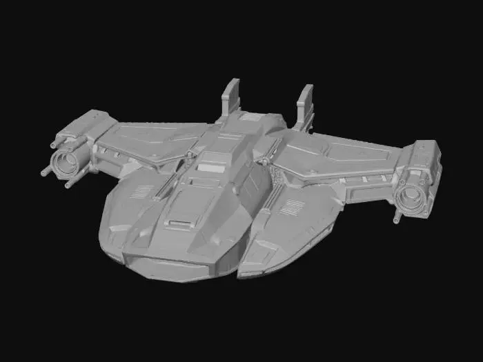 3D model for Heavy space interceptor, angular geometric armor, boxy industrial design, four wing-mounted cannons, metallic dark grey hull, weathered texture, glowing blue exhaust, cyberpunk style, robust.