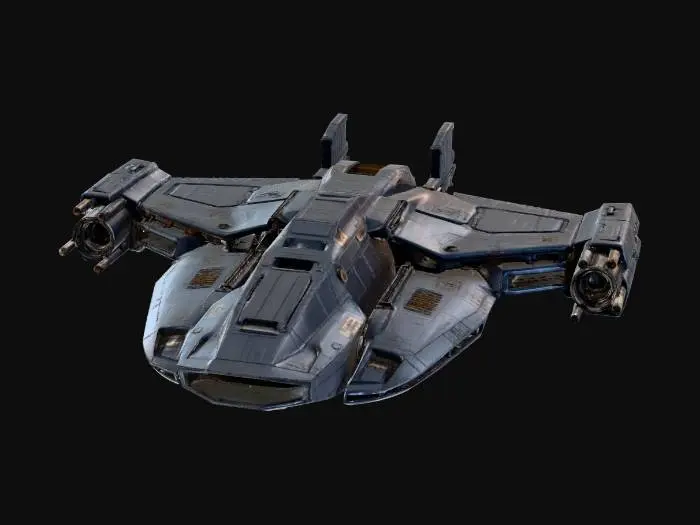 3D model for Heavy space interceptor, angular geometric armor, boxy industrial design, four wing-mounted cannons, metallic dark grey hull, weathered texture, glowing blue exhaust, cyberpunk style, robust.