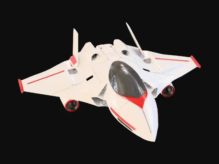 3D model for Futuristic space fighter, sleek aerodynamic design, forward-swept wings, single cockpit, dual ion engine thrusters at rear, matte white plating with red racing stripes, high tech, sci-fi, hard surface, 4k texture.
