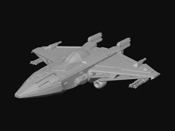 3D model for Heavy space interceptor, angular geometric armor, boxy industrial design, four wing-mounted cannons, metallic dark grey hull, weathered texture, glowing blue exhaust, cyberpunk style, robust.