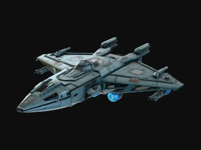 3D model for Heavy space interceptor, angular geometric armor, boxy industrial design, four wing-mounted cannons, metallic dark grey hull, weathered texture, glowing blue exhaust, cyberpunk style, robust.