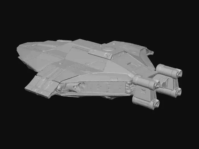 3D model for Heavy space interceptor, angular geometric armor, boxy industrial design, four wing-mounted cannons, metallic dark grey hull, weathered texture, glowing blue exhaust, cyberpunk style, robust.