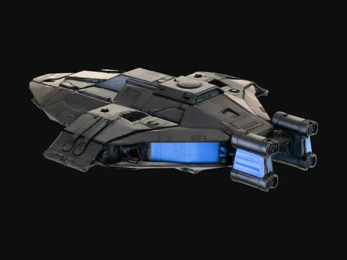 3D model for Heavy space interceptor, angular geometric armor, boxy industrial design, four wing-mounted cannons, metallic dark grey hull, weathered texture, glowing blue exhaust, cyberpunk style, robust.