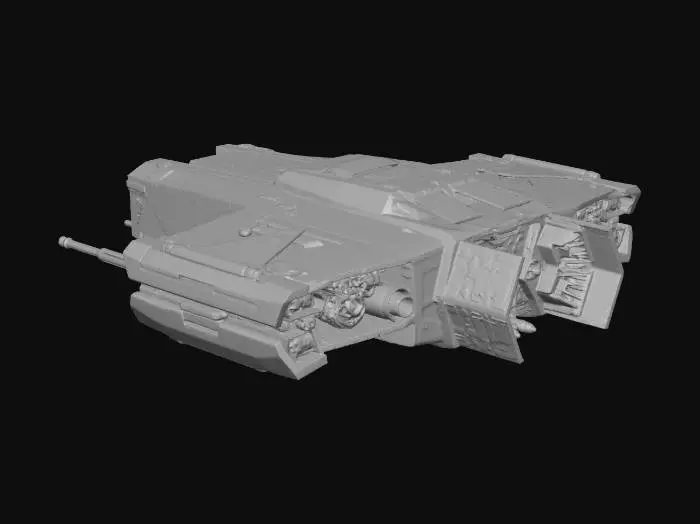 3D model for Heavy space interceptor, angular geometric armor, boxy industrial design, four wing-mounted cannons, metallic dark grey hull, weathered texture, glowing blue exhaust, cyberpunk style, robust.