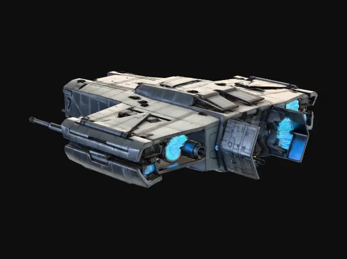 3D model for Heavy space interceptor, angular geometric armor, boxy industrial design, four wing-mounted cannons, metallic dark grey hull, weathered texture, glowing blue exhaust, cyberpunk style, robust.