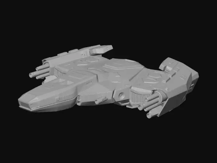 3D model for Heavy space interceptor, angular geometric armor, boxy industrial design, four wing-mounted cannons, metallic dark grey hull, weathered texture, glowing blue exhaust, cyberpunk style, robust.
