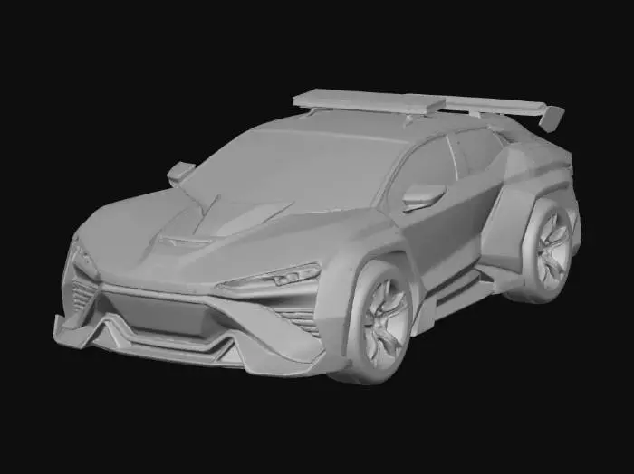 3D model for Futuristic luxury interceptor vehicle, sleek aerodynamic design, smooth armored plating with integrated sensor arrays, enclosed wheel wells (no visible tires), dark metallic grey paint with carbon fiber accents, integrated light bars, no side mirrors, high-tech police cruiser concept, distinct silhouette.