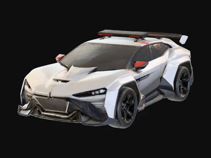 3D model for Futuristic luxury interceptor vehicle, sleek aerodynamic design, smooth armored plating with integrated sensor arrays, enclosed wheel wells (no visible tires), dark metallic grey paint with carbon fiber accents, integrated light bars, no side mirrors, high-tech police cruiser concept, distinct silhouette.