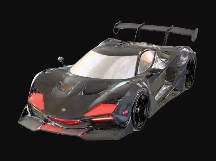 3D model for Cyberpunk sports car concept, aggressive retro-futuristic wedge shape, angular chassis inspired by Countach, low profile, pop-up headlight covers, turbofan style wheel covers, large rear spoiler wing, matte black finish with glowing neon red strip lighting along body lines, exposed rear engine cooling fins, hard surface modeling.