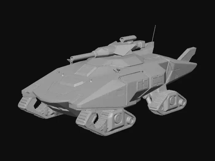 3D model for Stealth cyberpunk recon tank, low profile, sharp angular faceted armor, dark gray matte finish, silent hover pads, long-range sniper railgun, sensor pods, F-117 Nighthawk aesthetic, glowing red optics, hard-surface sci-fi design.