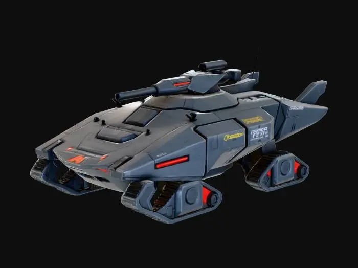 3D model for Stealth cyberpunk recon tank, low profile, sharp angular faceted armor, dark gray matte finish, silent hover pads, long-range sniper railgun, sensor pods, F-117 Nighthawk aesthetic, glowing red optics, hard-surface sci-fi design.