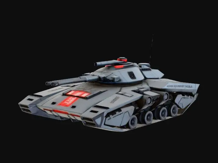 3D model for Stealth cyberpunk recon tank, low profile, sharp angular faceted armor, dark gray matte finish, silent hover pads, long-range sniper railgun, sensor pods, F-117 Nighthawk aesthetic, glowing red optics, hard-surface sci-fi design.