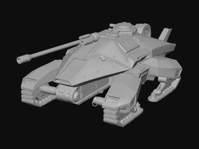 3D model for Stealth cyberpunk recon tank, low profile, sharp angular faceted armor, dark gray matte finish, silent hover pads, long-range sniper railgun, sensor pods, F-117 Nighthawk aesthetic, glowing red optics, hard-surface sci-fi design.