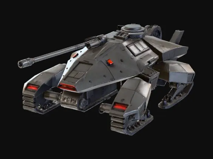 3D model for Stealth cyberpunk recon tank, low profile, sharp angular faceted armor, dark gray matte finish, silent hover pads, long-range sniper railgun, sensor pods, F-117 Nighthawk aesthetic, glowing red optics, hard-surface sci-fi design.