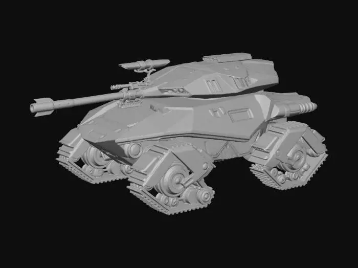 3D model for Stealth cyberpunk recon tank, low profile, sharp angular faceted armor, dark gray matte finish, silent hover pads, long-range sniper railgun, sensor pods, F-117 Nighthawk aesthetic, glowing red optics, hard-surface sci-fi design.