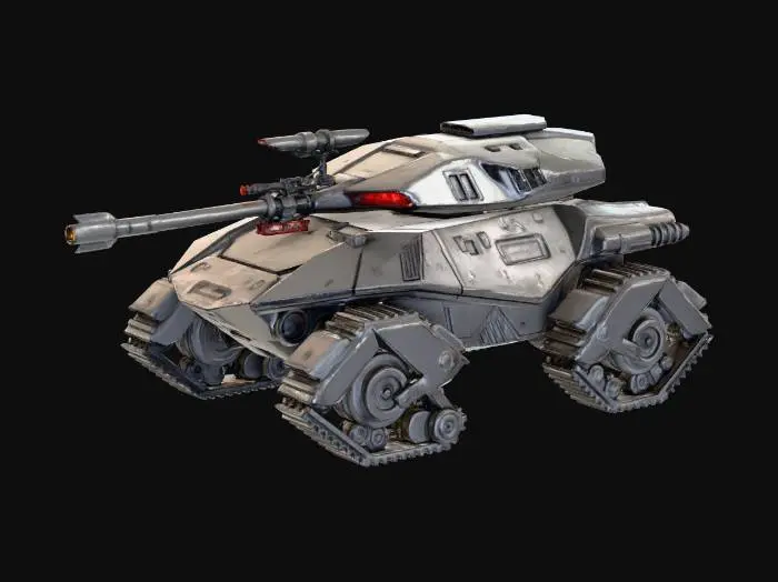 3D model for Stealth cyberpunk recon tank, low profile, sharp angular faceted armor, dark gray matte finish, silent hover pads, long-range sniper railgun, sensor pods, F-117 Nighthawk aesthetic, glowing red optics, hard-surface sci-fi design.
