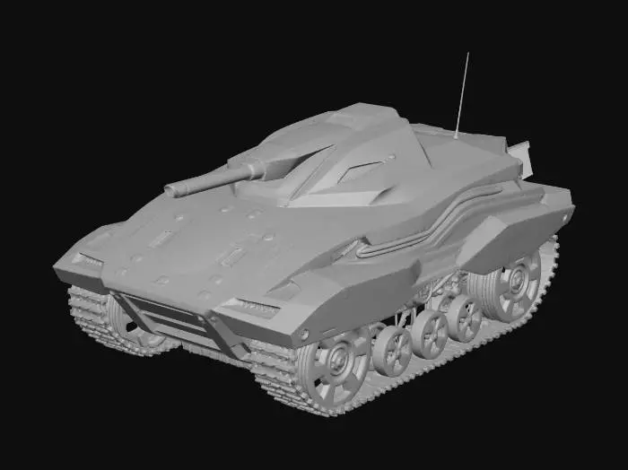 3D model for High-tech corporate cyberpunk tank, sleek aerodynamic hull, white ceramic armor plating, integrated laser turret, concealed wheels, blue neon light strips, minimal panel gaps, futuristic luxury military vehicle, smooth surfaces, 8k, symmetrical.