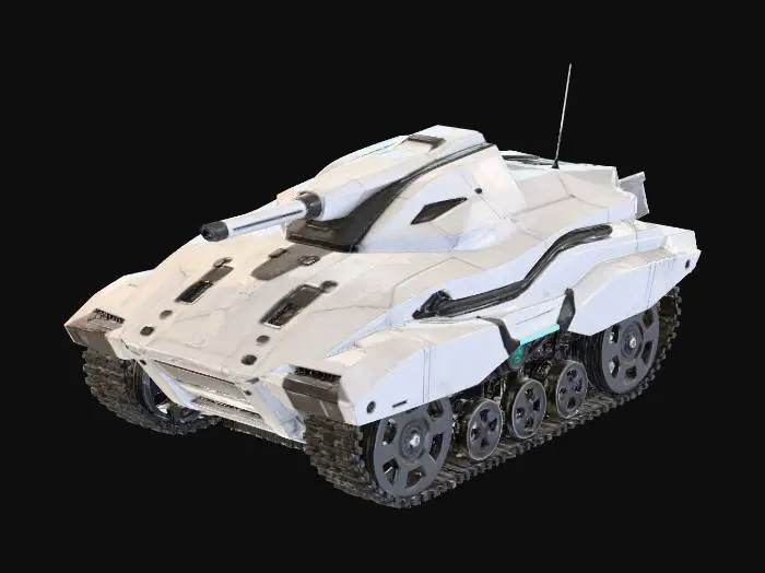 3D model for High-tech corporate cyberpunk tank, sleek aerodynamic hull, white ceramic armor plating, integrated laser turret, concealed wheels, blue neon light strips, minimal panel gaps, futuristic luxury military vehicle, smooth surfaces, 8k, symmetrical.