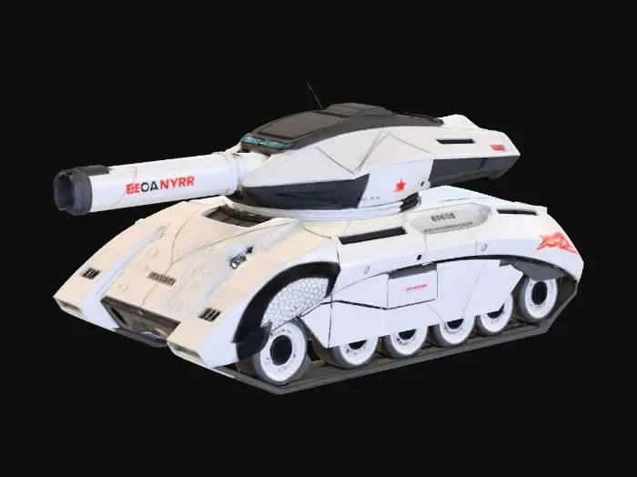 3D model for High-tech corporate cyberpunk tank, sleek aerodynamic hull, white ceramic armor plating, integrated laser turret, concealed wheels, blue neon light strips, minimal panel gaps, futuristic luxury military vehicle, smooth surfaces, 8k, symmetrical.