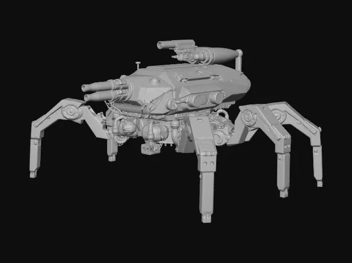 3D model for Cyberpunk hexapod walker tank, mechanical spider legs, compact armored body, mounted gatling gun, sensor arrays and cameras, metallic steel and carbon fiber texture, hydraulic pistons, weathered metal edges, intricate cable bundles, futuristic combat drone style.