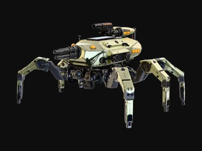 3D model for Cyberpunk hexapod walker tank, mechanical spider legs, compact armored body, mounted gatling gun, sensor arrays and cameras, metallic steel and carbon fiber texture, hydraulic pistons, weathered metal edges, intricate cable bundles, futuristic combat drone style.