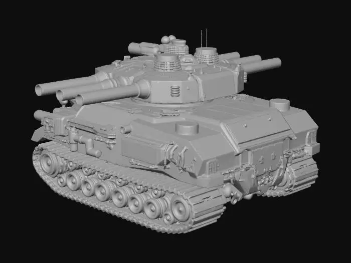 3D model for Massive cyberpunk land-fortress tank, triple-decked turret system, heavy artillery, thick reinforced steel plating, industrial yellow hazard stripes, multiple camera lenses, heavy-duty Caterpillar tracks, smoke launchers, weathered mechanical detail.