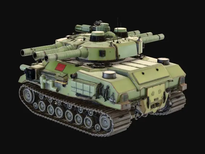 3D model for Massive cyberpunk land-fortress tank, triple-decked turret system, heavy artillery, thick reinforced steel plating, industrial yellow hazard stripes, multiple camera lenses, heavy-duty Caterpillar tracks, smoke launchers, weathered mechanical detail.