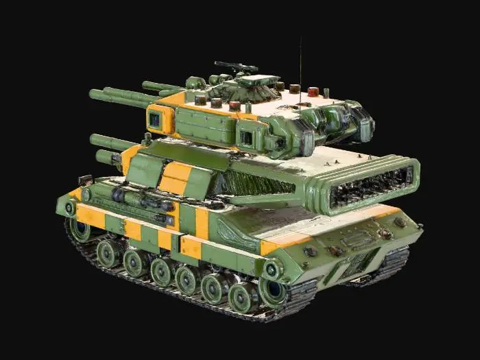 3D model for Massive cyberpunk land-fortress tank, triple-decked turret system, heavy artillery, thick reinforced steel plating, industrial yellow hazard stripes, multiple camera lenses, heavy-duty Caterpillar tracks, smoke launchers, weathered mechanical detail.