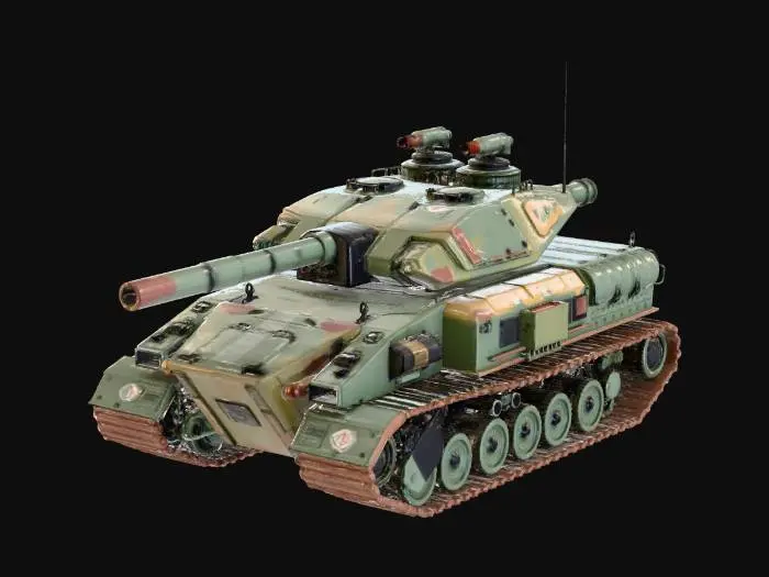 3D model for A super-heavy futuristic siege tank named "Goliath," massive scale, wide chassis with four independent heavy-duty caterpillar tracks. Thick sloped composite armor plating with visible rivets and bolt heads. Dual-barrel 150mm heavy railgun turret, reinforced front shield, rugged industrial military aesthetic. Matte forest camouflage with weathered steel edges and rust streaks. High-detail mechanical parts, 8k resolution, cinematic lighting, hard-surface sci-fi design, realistic military vehicle.