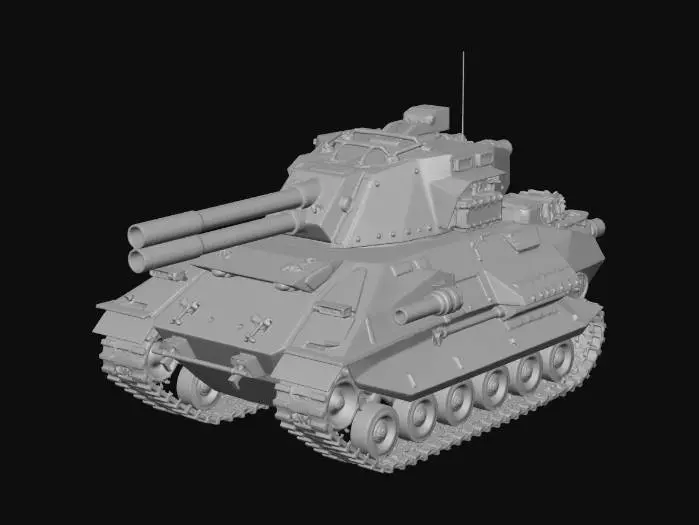 3D model for A super-heavy futuristic siege tank named "Goliath," massive scale, wide chassis with four independent heavy-duty caterpillar tracks. Thick sloped composite armor plating with visible rivets and bolt heads. Dual-barrel 150mm heavy railgun turret, reinforced front shield, rugged industrial military aesthetic. Matte forest camouflage with weathered steel edges and rust streaks. High-detail mechanical parts, 8k resolution, cinematic lighting, hard-surface sci-fi design, realistic military vehicle.