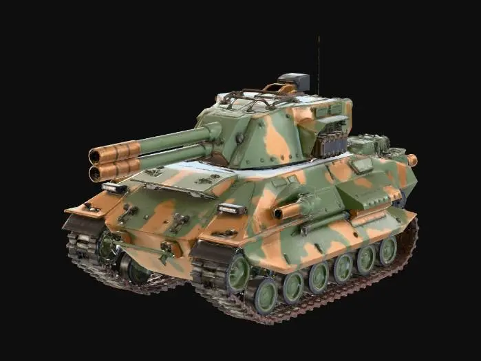 3D model for A super-heavy futuristic siege tank named "Goliath," massive scale, wide chassis with four independent heavy-duty caterpillar tracks. Thick sloped composite armor plating with visible rivets and bolt heads. Dual-barrel 150mm heavy railgun turret, reinforced front shield, rugged industrial military aesthetic. Matte forest camouflage with weathered steel edges and rust streaks. High-detail mechanical parts, 8k resolution, cinematic lighting, hard-surface sci-fi design, realistic military vehicle.