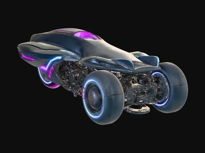 3D model for Futuristic cyberpunk hoverbike, glowing neon blue and pink light strips, sleek matte black carbon fiber hull, antigravity thrusters on bottom, aerodynamic cowling, digital dashboard, Akira style, high speed design, detailed mechanical parts, 4k texture, unreal engine 5 render style.