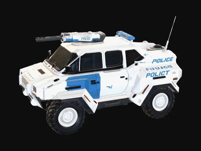 3D model for Futuristic police riot tank, matte white and blue law enforcement colors, reinforced transparent armored glass canopy, roof-mounted sonic cannon, modular storage compartments, heavy-duty run-flat tires, sleek urban aesthetic, volumetric emergency lights.