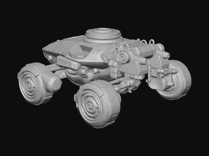 3D model for Sci-fi anti-gravity hover tank, sleek aerodynamic chassis, polished chrome and iridescent blue finish, glowing blue ion thrusters, rotating pulse-laser turret, translucent energy shielding, high-tech aesthetic, volumetric lighting, hyper-detailed.