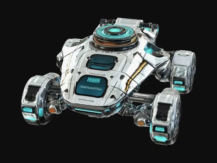 3D model for Sci-fi anti-gravity hover tank, sleek aerodynamic chassis, polished chrome and iridescent blue finish, glowing blue ion thrusters, rotating pulse-laser turret, translucent energy shielding, high-tech aesthetic, volumetric lighting, hyper-detailed.
