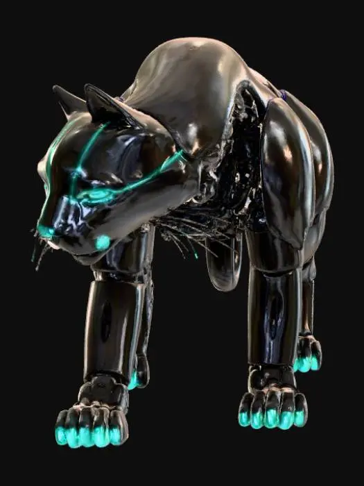 3D model for Cybernetic panther, sleek cyberpunk style, exposed wiring, hydraulic leg joints, matte black carbon fiber plating, glowing cyan neon accent lines running along the body, mono-eye optical sensor, razor sharp titanium claws, futuristic robotics, high detail, 8k resolution, symmetrical stance, neutral pose, game asset.